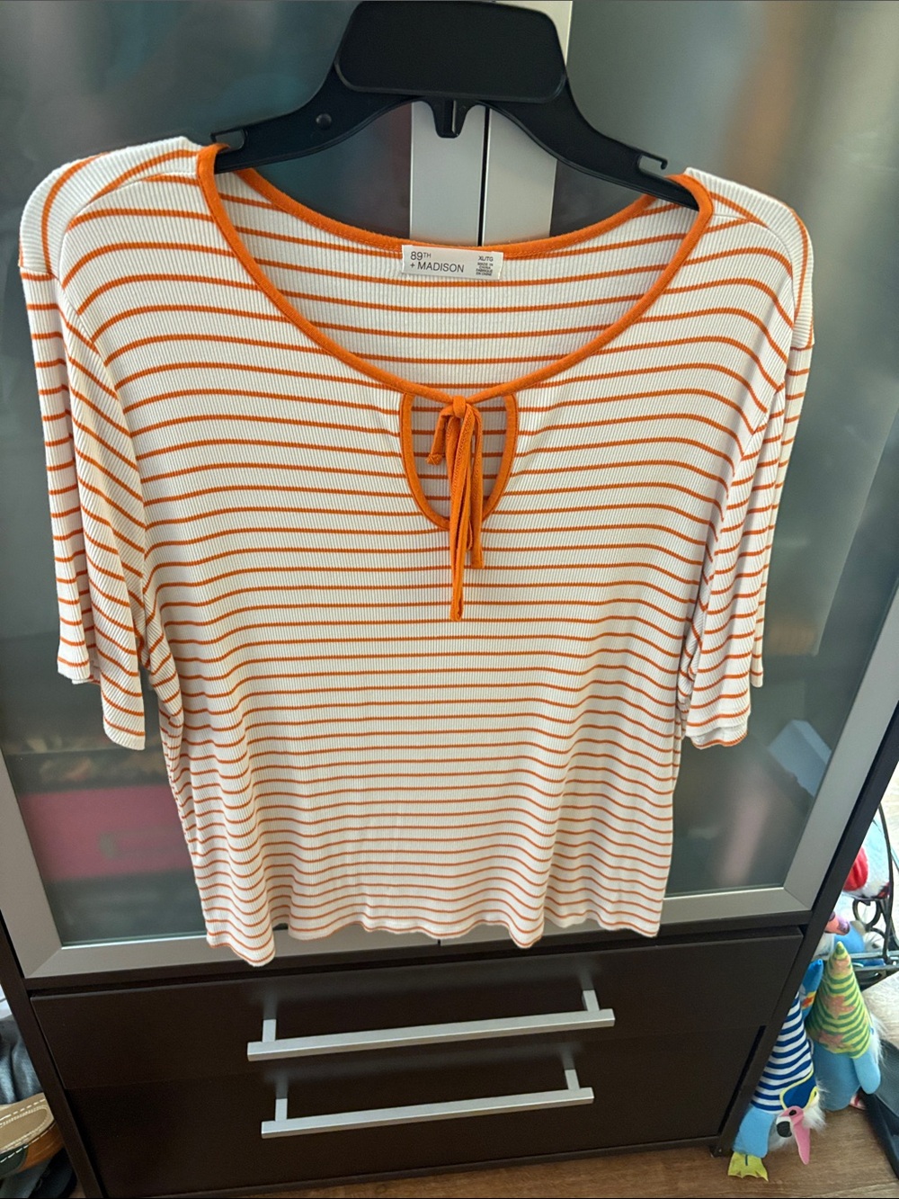Madison White and Orange Striped Tie-Front Short Sleeve Top